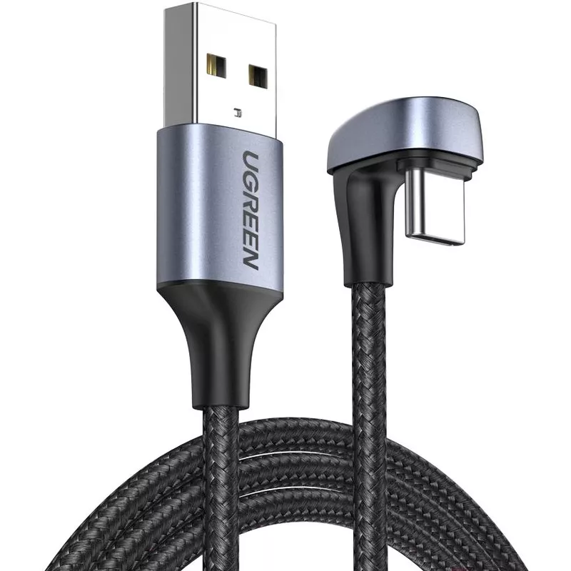 Кабель UGREEN US311 Длина 1 м. Черный USB2.0-A to Angled USB-C Cable Aluminum Case