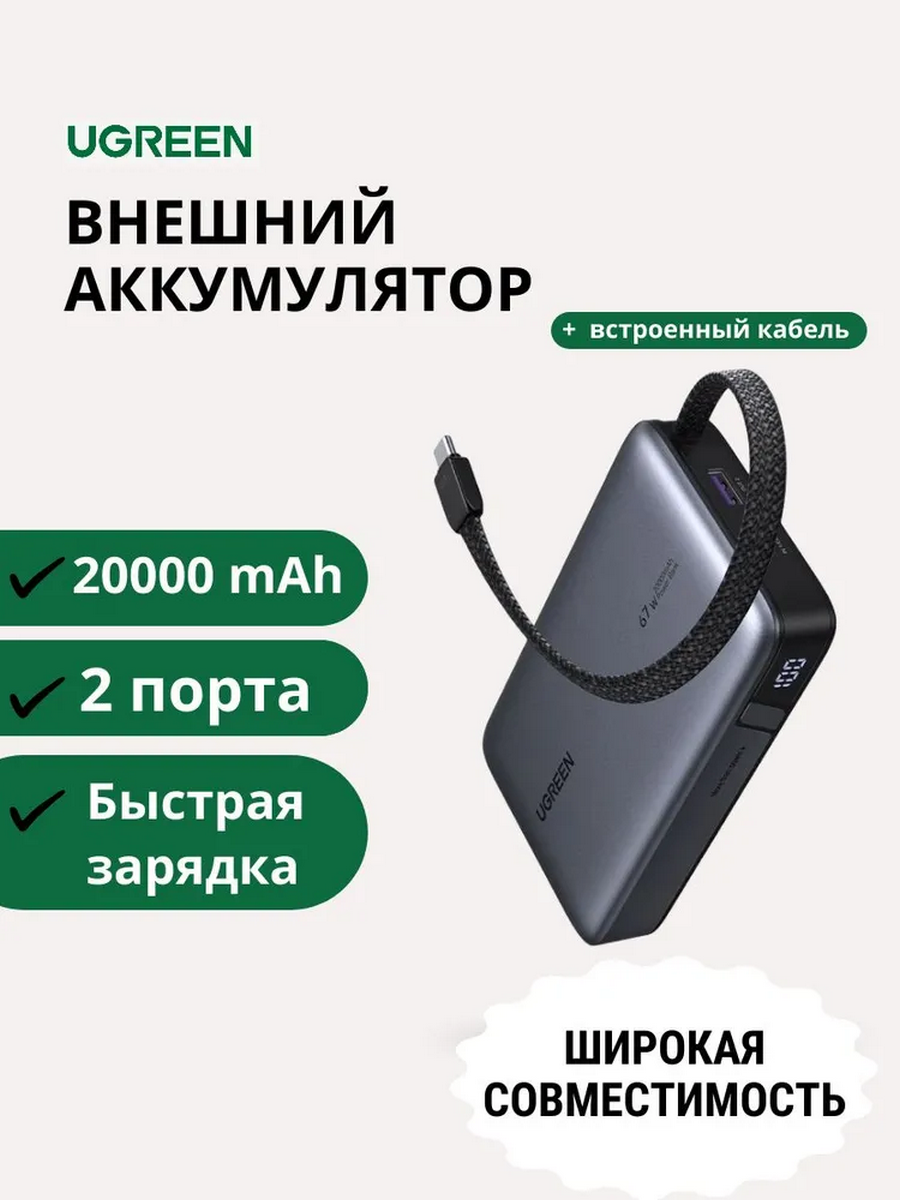 Внешний аккумулятор UGREEN PB550 (85166B) есть ССС 67W 20000mAh USB-C&USB-A серый космос