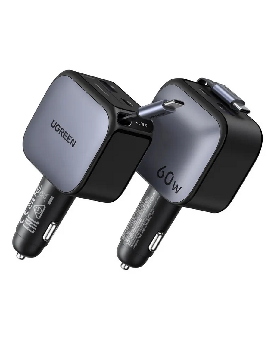 АЗУ UGREEN EC602 (55212B) 60W металлик USB-C+USB-A Fast Car Charge с выдвижным кабелем