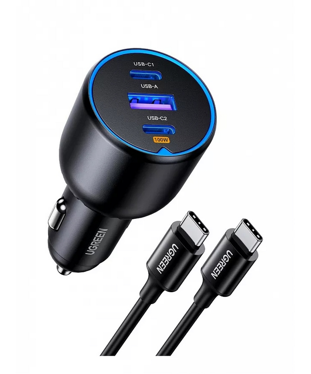 АЗУ UGREEN EC705 (55511) 130W 3-Port 2*USB-C PD+USB-A Fast Car Charger с кабелем. Цвет: черный