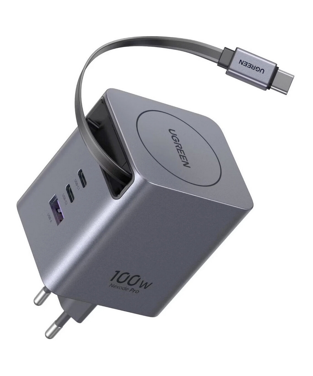 Зарядное устройство UGREEN X616 (65828) 100W GaN 2*USB-C&USB-A with Retractable Cable серый космос