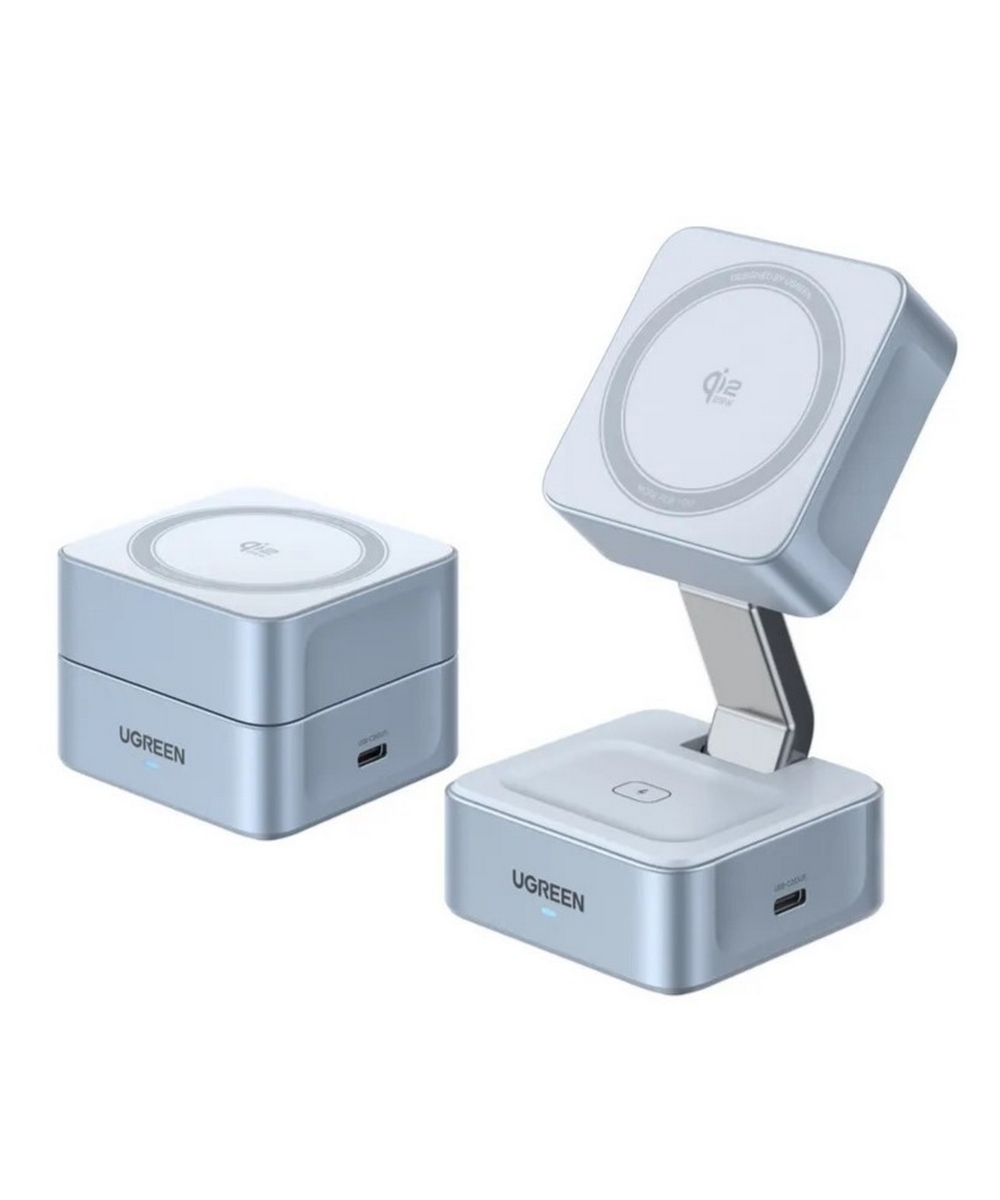 БЗУ UGREEN W752 (55960B) серебристо-голубой "MagFlow" 2-in-1 Magnetic 25W Wireless QI2.2 Charger