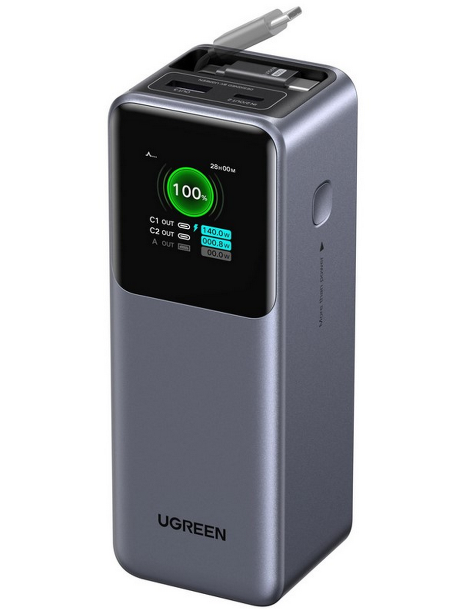Внешний аккумулятор UGREEN PB726 (55987B) 20000mAh 165W серый космос Power Bank Retractable Cable