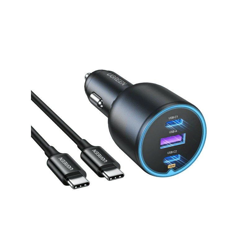 АЗУ UGREEN CD293 (90889) 2*USB-C PD+USB-A 130W Fast Car Charger с кабелем USB-C-USB-C. Цвет: черный