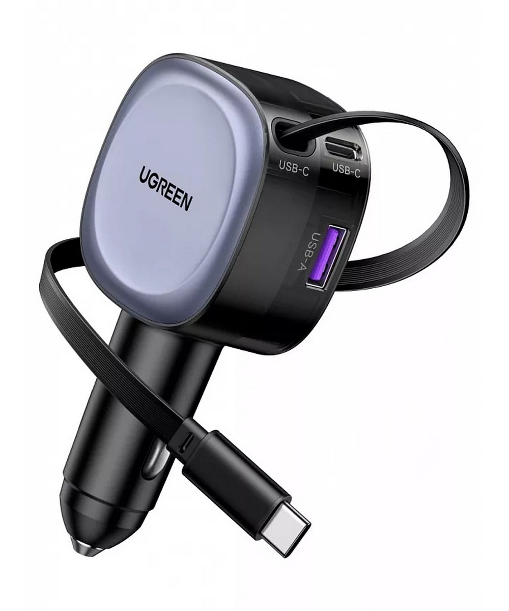 АЗУ UGREEN EC601 (55653) 75W серый 2*USB-C PD+USB-A Fast Car Charge с выдвижным кабелем