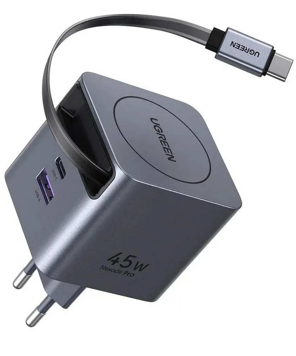 Зарядное устройство UGREEN X614 (65822) 45W GaN USB-C&USB-A with Retractable Cable серый космос