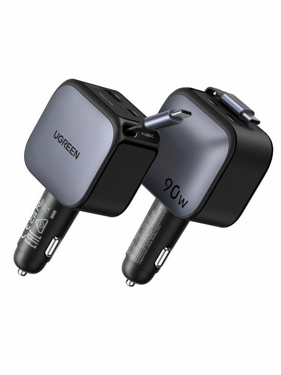 АЗУ UGREEN EC603 (55909B) 90W металлик USB-C+USB-A Fast Car Charge с выдвижным кабелем