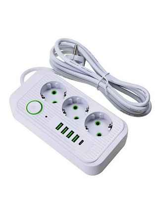 Сетевой фильтр Tendenza TZ-SP002 с заземлением на 3 розетки, 4 USB, 1 Type-C