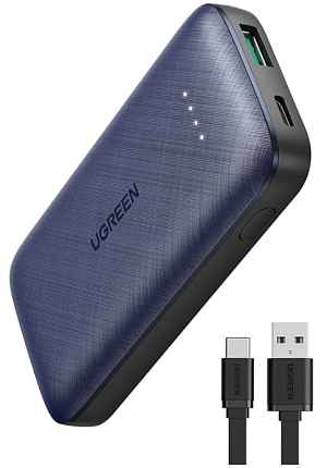 Внешний аккумулятор UGREEN PB163 20000mAh Power Bank PD 20W  со встроенным кабелем Lightning синий