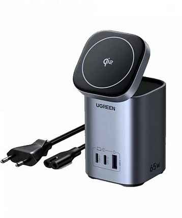 БЗУ UGREEN X555 (55321) 65W 2-in-1 GaN Desktop Magnetic Qi2 Wireless Fast Charger EU. Цвет: серый