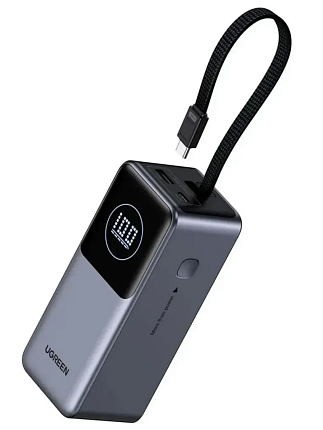 Внешний аккумулятор UGREEN PB723 (55365B) 20000mAh 130W серый космос with Built-in Cable