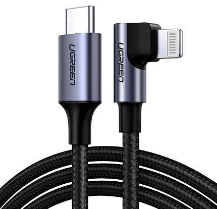 Кабель UGREEN US305 (60765) 2м черный USB-C to Lightning Angled Cable Aluminum Shell Braided