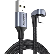 Кабель UGREEN US311 Длина 1 м. Черный USB2.0-A to Angled USB-C Cable Aluminum Case